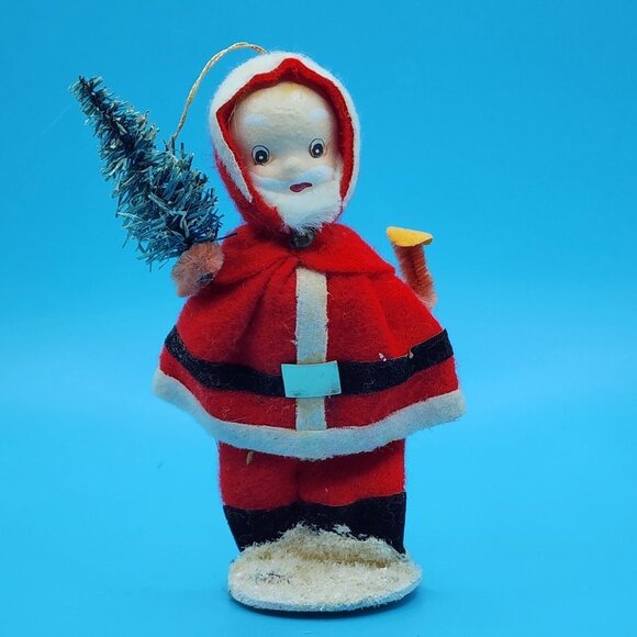 1950s Santa Claus Ornament Japan Red Felt Delta Novelty Bottle Brush Tree - Picture 2 of 10